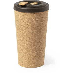A drink bottle featuring a cork exterior and a dark lid, designed as an insulated travel mug.