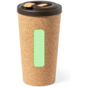 A drink bottle with a cork exterior and a black lid, featuring a window cut-out for visibility.