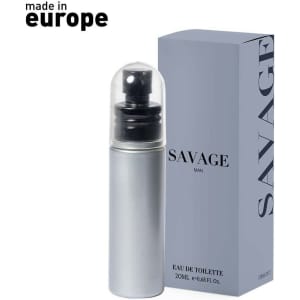 A silver bottle of Dauson Eau de Toilette for Men with a transparent cap, alongside a blue box featuring branding.