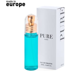 A bottle of turquoise Eau de Toilette for women in a box with a logo. The cap is gold and transparent.