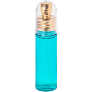 A fragrance bottle for women with a clear casing and a gold lid, filled with turquoise liquid.