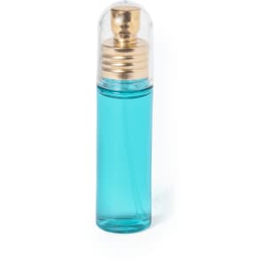 A bottle of turquoise Eau de Toilette for women with a gold cap and a sleek design.