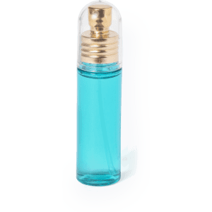 A transparent bottle of blue Eau de Toilette with a gold cap, featuring a logo on the bottle.