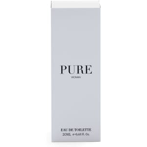 A rectangular perfume box in light grey, featuring a logo and indicating it contains 20ml of eau de toilette for women.