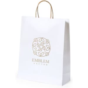 A white paper bag with a logo featuring a floral design and brown handles.