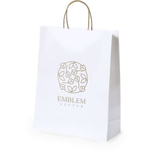 A white paper bag with a decorative design and handles, featuring a logo.