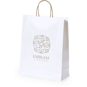 A white paper bag with a decorative design and handles, featuring a logo on the front.