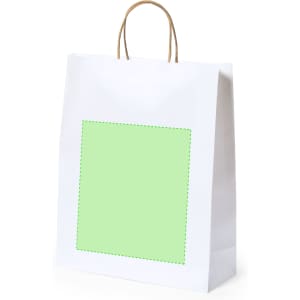 A white paper bag with a square green area and brown handles. It features a logo on the front.