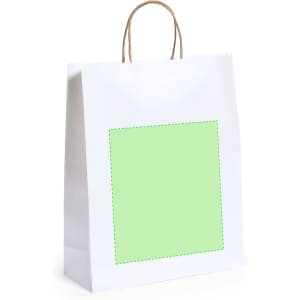 A white paper bag with a green square design in the centre and brown handles.