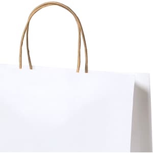 A large white paper bag with a brown handle, featuring an unembellished design and no visible branding.