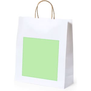 A white paper bag with a green square design and a brown handle. The bag has a logo.
