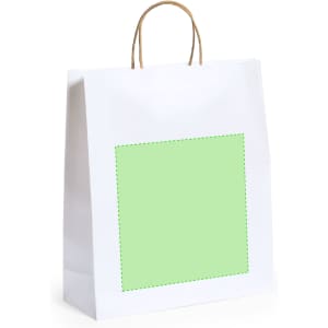 A white paper bag with a large green square area and brown handles. Features a logo or branding.