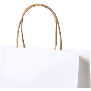 A white paper bag with a brown twisted handle, featuring a sleek and minimalist design.