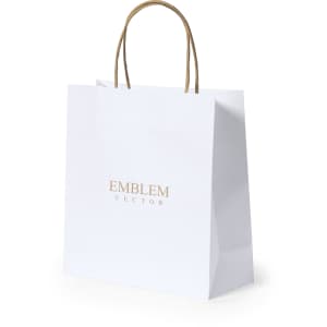 A white paper bag with a gold logo and brown rope handles.