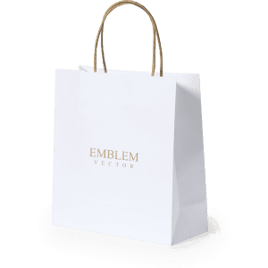 A white paper bag with a logo and brown handles. It is designed for promotional use.