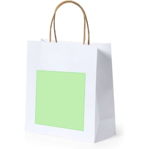 A white paper bag with a square green area for custom branding and brown handles.