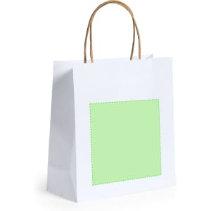 A white paper bag with brown handles and a green rectangular area for custom design.