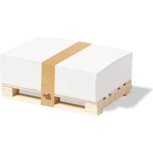 A notepad stacked on a wooden pallet, featuring a white paper finish secured with a brown band.