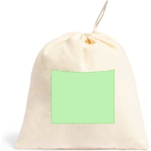 A cream-coloured drawstring bag with a blank green label area in the centre.