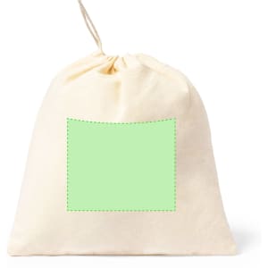 A cream-coloured drawstring bag with a blank green patch for customisation.