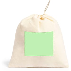 A natural beige drawstring bag with a blank green label area for customisation.