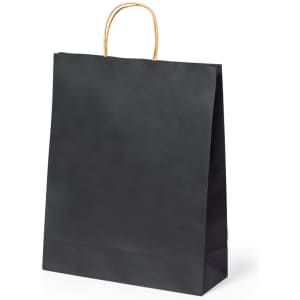 A black paper bag with a natural rope handle and a simple design. It includes a brand logo.