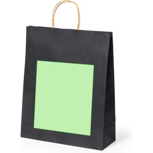 A black paper bag with a square green panel and a brown handle. The bag has a branding logo.