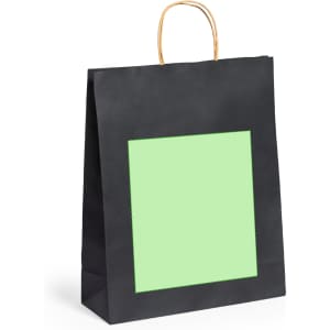 A black paper bag with a green square and a tan handle, featuring a logo on the front.
