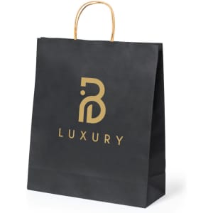 A black paper bag with a brown handle and a gold logo graphic on the front.