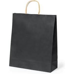 A black paper bag with a brown rope handle, featuring a simple and sleek design.