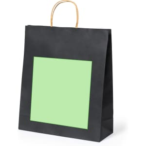 A black paper bag with a green square design and a tan handle. It features a logo.