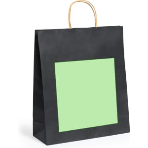 A black paper bag with a green square design and a natural handle. Featuring a simple, elegant look.