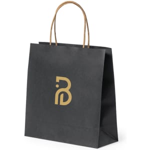 A black paper bag with a gold logo and sturdy brown handles.