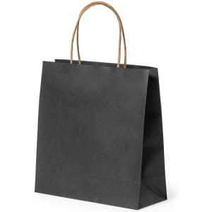 A black paper bag with a flat base and brown twisted handles, featuring a logo on one side.