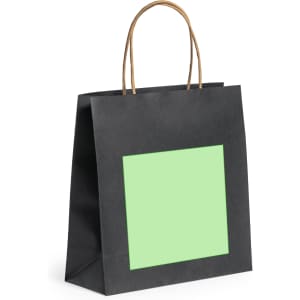 A black paper bag with a green square and brown handles, featuring a logo on the front.