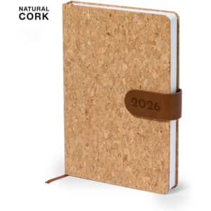 A diary with a natural cork cover and a brown leather strap, featuring a year indicator for 2026.