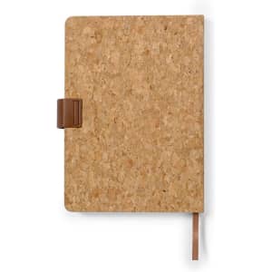 A cork-covered diary with a brown strap and ribbon bookmark, featuring a logo on the cover.