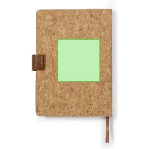 A brown cork diary with a green square on the cover and a brown ribbon bookmark. Features a logo.