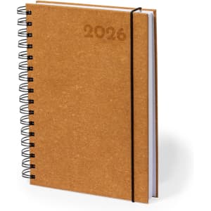A brown, spiral-bound diary for the year 2026, featuring an elastic band for closure and a plain cover.