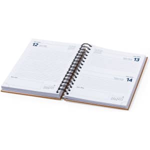 A diary with a spiral binding, featuring blank white pages and a simple layout, presented in a tan cover.