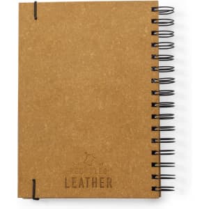 A brown recycled leather diary with a spiral binding and a logo on the front cover.