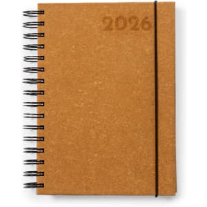 A brown spiral-bound diary with an elastic band, featuring the year "2026" on the front cover.