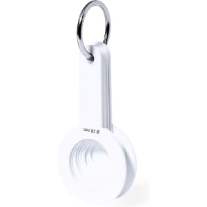 A white Iswud Caliper keyring tool featuring multiple measurement discs attached to a metal ring.