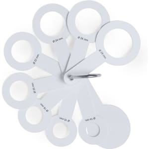 A set of white caliper gauges on a metal ring, featuring various diameters from 24 mm to 30 mm.