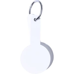 A white circular caliper attached to a metal keyring, designed for measuring objects.