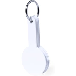 A white caliper keyring with multiple measuring blades and a metal ring for attachment.