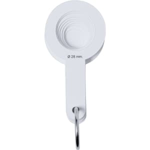 A white Iswud Caliper with a circular measuring gauge and a keyring attachment.