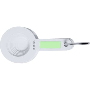 A white caliper with a circular measuring head and a keyring attachment. It features a green measurement scale on the handle.
