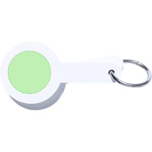 A white Iswud Caliper keyring with a green circular accent. It has a metal ring for attachment.