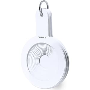 A circular white caliper keyring with multiple measurement scales and a metallic ring for attachment.